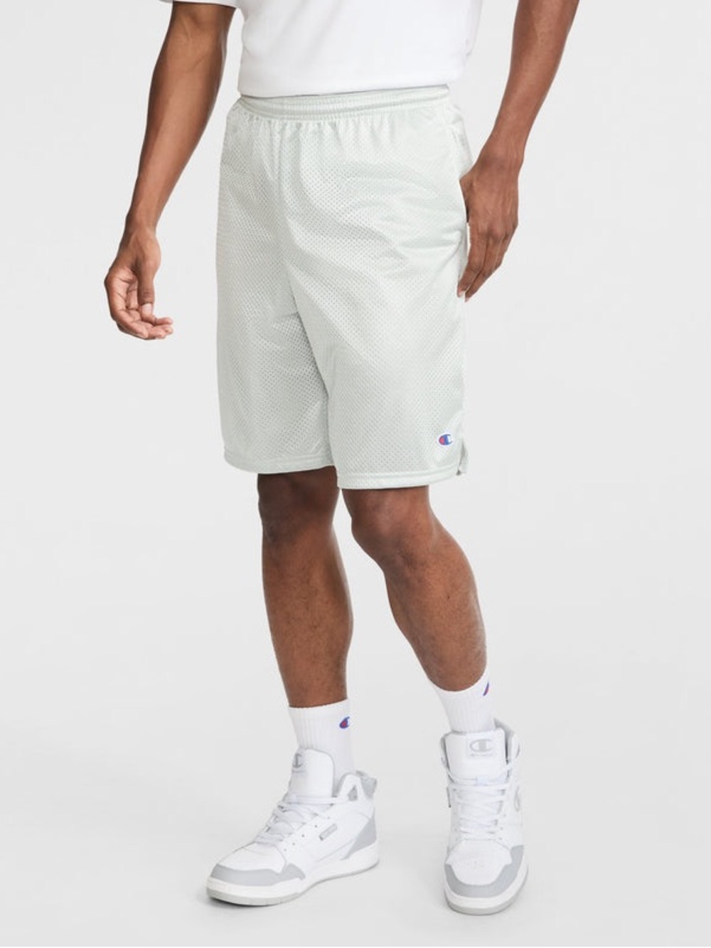 Champion White gym stretch sweat shorts with pockets red blue piping streetwear